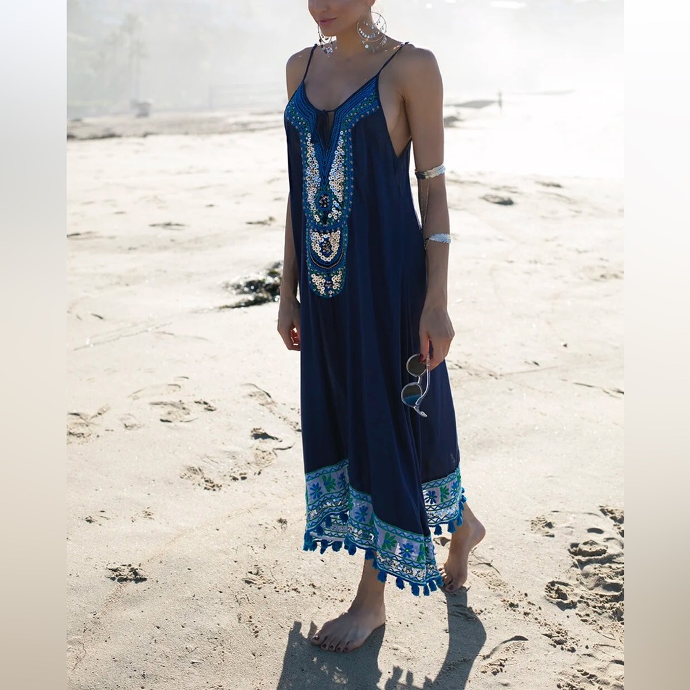 Ruby Yaya Blue Embroidered Sequin Maxi Dress Medium